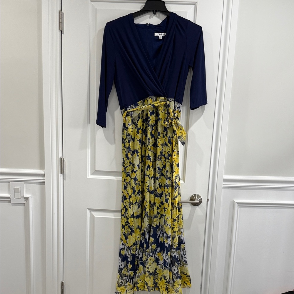 Chetta B Navy and Yellow Floral Wrap Maxi Dress